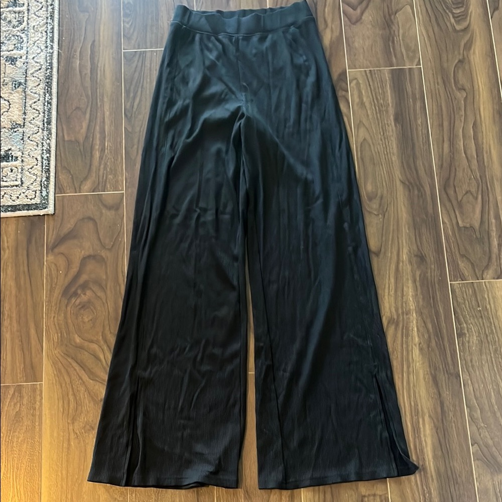 Aerie Black Wide-Leg Ribbed Pants with High-Rise Waist